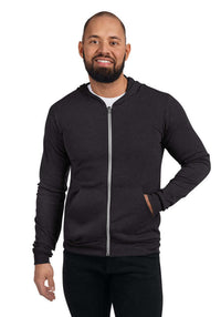 Custom unisex triblend lightweight zip hoodie in black, featuring front zip and kangaroo pocket, perfect for personalized prints.