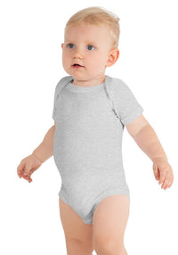 Customizable gray baby short sleeve one piece, perfect for comfort and everyday wear.