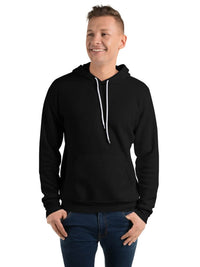 Customizable unisex fleece pullover hoodie in black with white drawcords, perfect for personalized everyday wear.