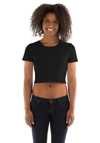 Customizable black women's crop tee, perfect for personalized fashion and casual style, featuring a form-fitting silhouette.