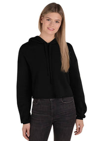 Custom women's fleece crop hoodie, trendy black design, perfect for personalized fall fashion.