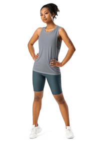 Custom women's flowy muscle tank in gray, perfect for layering and personal expression. Soft, draped fit.