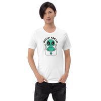 Custom printed Alien Envelope T-shirt featuring a quirky cartoon alien and 'Hello Earth' text.