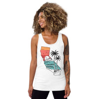 Custom printed California State unisex jersey tank showcasing art of sunset, mountains, ocean, and palm trees.