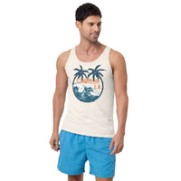 Custom California surf tank top with palm tree design, personalized beachwear for a laid-back style.