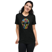 Colorful skull printed unisex triblend t-shirt, customizable design showcasing vibrant mosaic art.