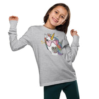 Customizable youth long sleeve tee featuring a unicorn with heart-shaped sunglasses, perfect for trendy kids.