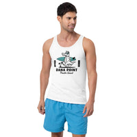 Custom printed Dana Point surfer tank top featuring a hand-drawn alligator with surfboard, perfect for personalized beachwear.