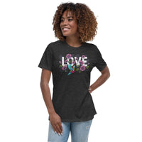 Custom printed women's relaxed tee featuring 'LOVE' with tropical embroidery details.
