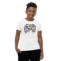 Custom printed youth tee showcasing graffiti-style gaming controller art, perfect for personalized gaming fashion.