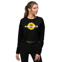 Custom black women's fleece crop sweatshirt featuring 'Happiness' and a vibrant sunflower design, perfect for personalization.