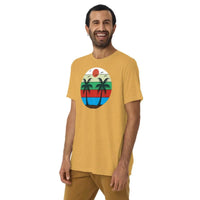 Custom printed unisex triblend t-shirt featuring vibrant summer palm tree design with horizontal stripes.