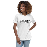 Custom printed Hello Weekend women's relaxed jersey tee with playful design and personalized touch.