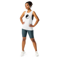 Custom printed women's flowy muscle tank featuring a minimalist yin-yang design, perfect for a hippy vibe.