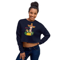 Personalized Hola Mexico Women's Fleece Crop Sweatshirt with vibrant Mexican girl art and toucan, customizable for adventure lovers.