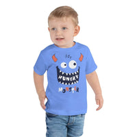 Custom printed toddler tee featuring a cute monster design, perfect for imaginative kids.