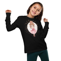 Custom printed youth long sleeve tee featuring a personalized ballerina design with stars and a moon backdrop.