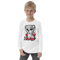 Custom printed youth long sleeve tee featuring a cartoon robotic teddy bear design.