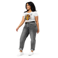 Custom printed women's crop tee featuring a bold Medusa artwork, styled with high-waisted jeans and sneakers.