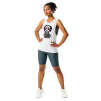 Custom printed Mexican festive dog design on a women's flowy muscle tank, perfect for personalization.