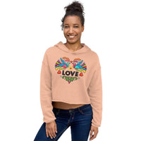 Custom printed women's fleece crop hoodie featuring vibrant Mexican art and love design, perfect for personalized style.