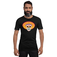 Custom printed unisex T-shirt featuring a colorful Mexican skull design with a sombrero for personalized style.