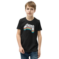 Custom youth short sleeve tee featuring a vibrant printed joystick design, perfect for gaming enthusiasts.