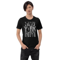 Custom printed unisex short sleeve Jersey T-shirt featuring New York City skyline art typography.
