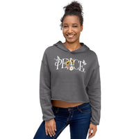 Customizable women's fleece crop hoodie with peace design and floral art, perfect for personalized style.