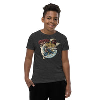 Custom printed youth tee featuring a samurai cat design on a black shirt, perfect for personalized style.