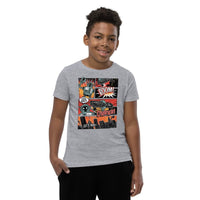 Custom printed youth tee featuring vibrant robot skateboarding art in comic style, perfect for personalized fashion.