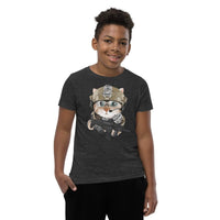 Custom printed youth tee featuring a cartoon soldier cat ready for action with military gear.