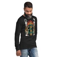 Customizable symbolic tigers printed long sleeve shirt featuring Tokyo Japan art in vibrant colors.