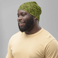 Custom printed Bud Camo Beanie, featuring a cannabis-inspired pattern for trendy urban style and comfort.
