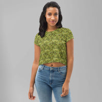 Custom cannabis-inspired camo crop tee, personalized streetwear top for bold fashion statements.