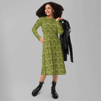 Custom printed Bud Camo long sleeve midi dress featuring pockets and flattering silhouette, perfect for casual or dressy occasions.