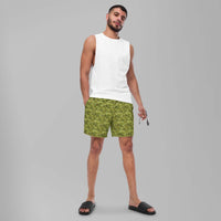 Custom Bud Camo Men's Swim Trunks featuring a vibrant cannabis print, perfect for stylish summer beach days.