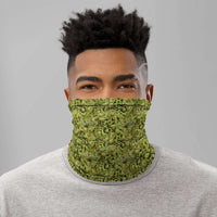 Custom cannabis-inspired camo neck gaiter, versatile face covering for outdoor adventures.