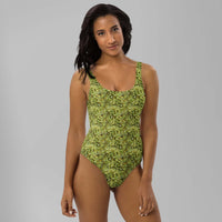 Custom printed bud camo one-piece swimsuit with cheeky fit and scoop neckline for a flattering look.