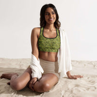 Custom printed Bud Camo padded sports bra designed for comfort and support during workouts.