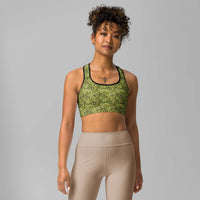 Custom printed Bud Camo Sports Bra for women, featuring a cannabis-inspired design, perfect for workouts.