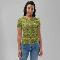 Custom printed Bud Camo Women's Crew Neck T-Shirt, perfect for casual streetwear with a unique cannabis-inspired design.