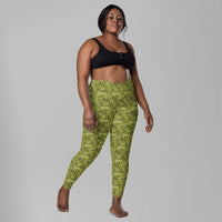 Custom printed women's crossover leggings with cannabis-inspired bud camo design for activewear.
