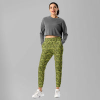 Custom printed bud camo women's joggers styled with a cropped grey sweatshirt, perfect for loungewear or workouts.