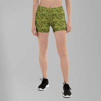 Custom printed Bud Camo women's shorts for activewear, featuring a unique cannabis-inspired design.