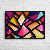 Custom printed canvas art featuring vibrant geometric shapes in dynamic colors.