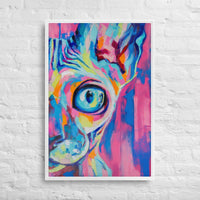 Custom printed abstract cat art featuring vibrant colors and expressive brush strokes on canvas.