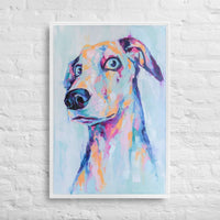 Custom printed abstract dog art portrait on canvas featuring vibrant colors and expressive brush strokes.