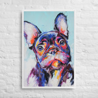 Custom printed canvas art of a colorful French Bulldog muzzle portrait, perfect for pet lovers.