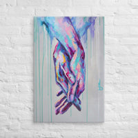 Custom printed abstract canvas art of intertwined hands symbolizing love and support.